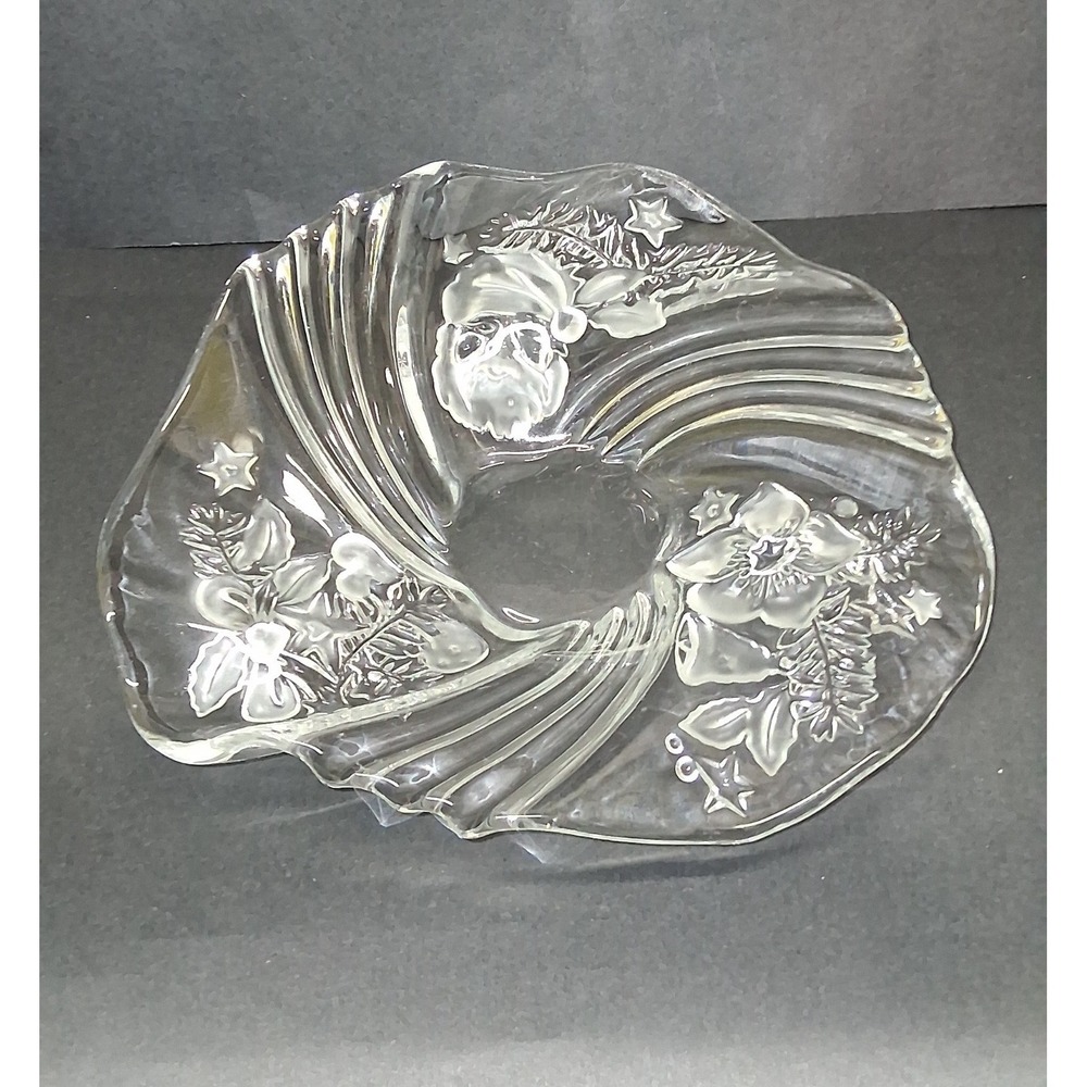 Vintage Mikasa Christmas  Bowl‎ Clear Lead Crystal, Frosted Leaves & Santa